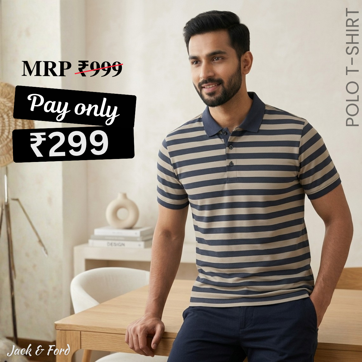 Men's Premium Navy Blue and Beige Striped Cotton Polo T‑Shirt  | S‑10