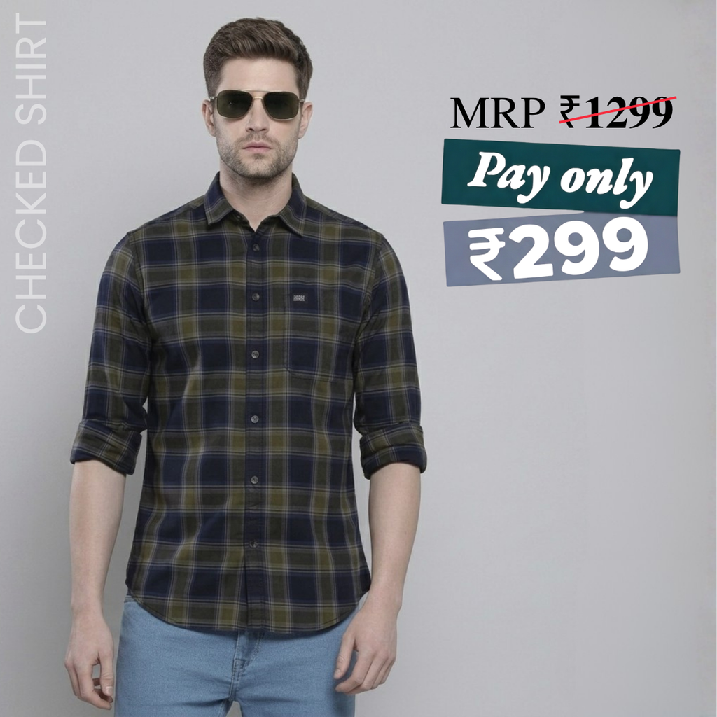 Premium Cotton Navy Blue and Olive Green Checked Shirt – Casual & Office Wear|CS-03