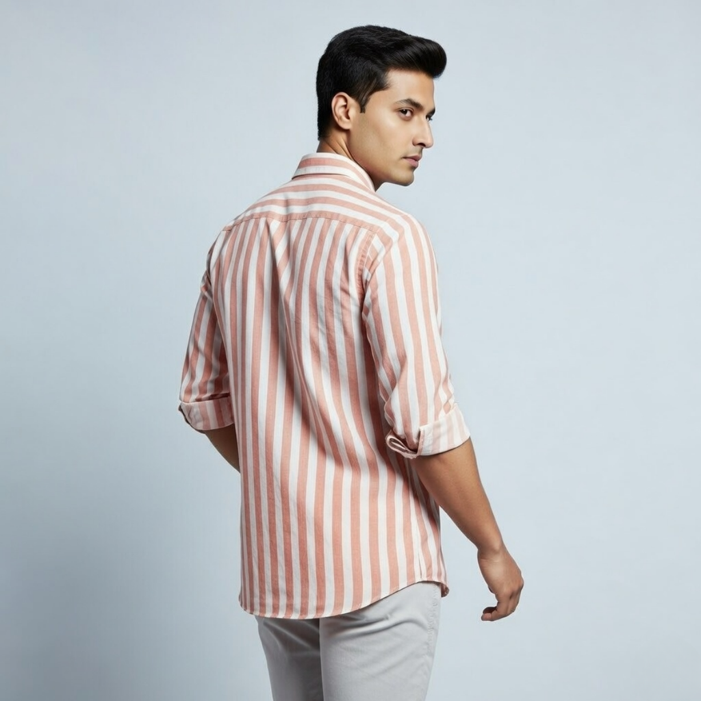 Men's Premium Pink and White Cotton Striped Shirt (MSS-6)