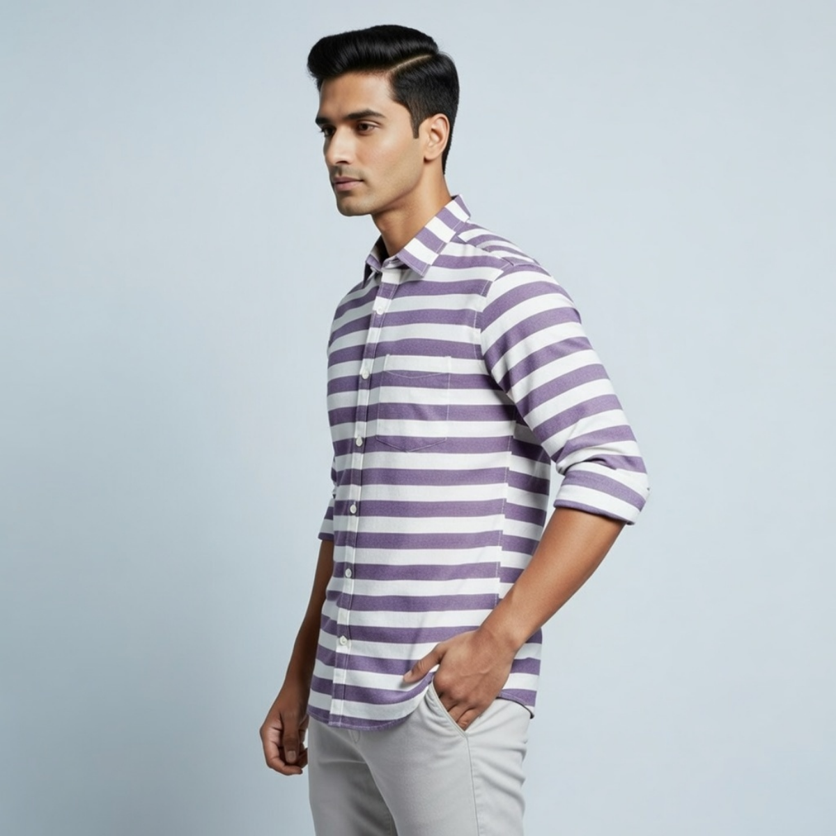 Men's Premium Lavender Cotton Horizontal Striped Shirt (MSS-9)