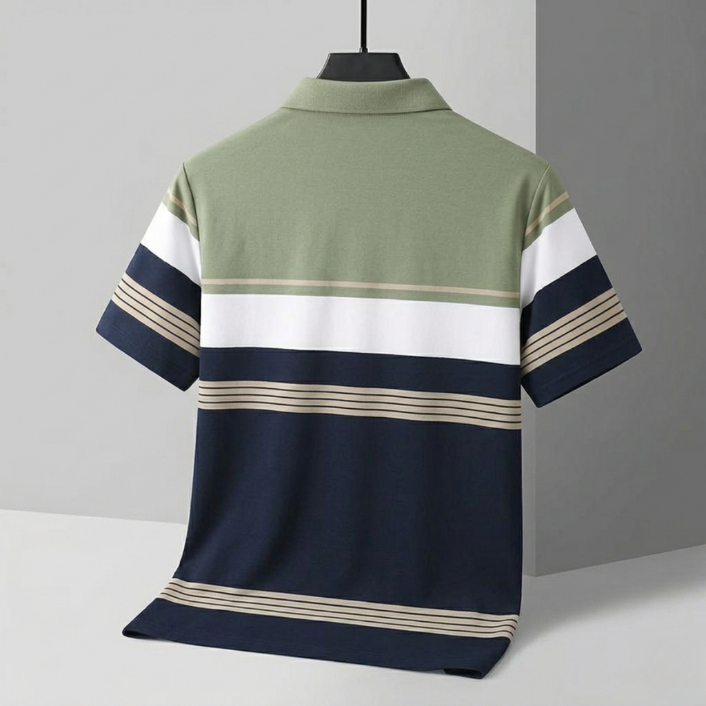 Men's Premium Sage Green and Navy Blue Striped Cotton Polo T‑Shirt | S‑08