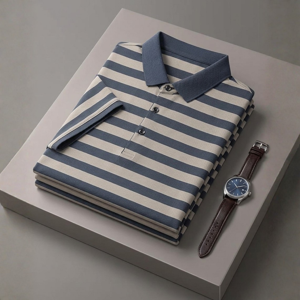 Men's Premium Navy Blue and Beige Striped Cotton Polo T‑Shirt  | S‑10