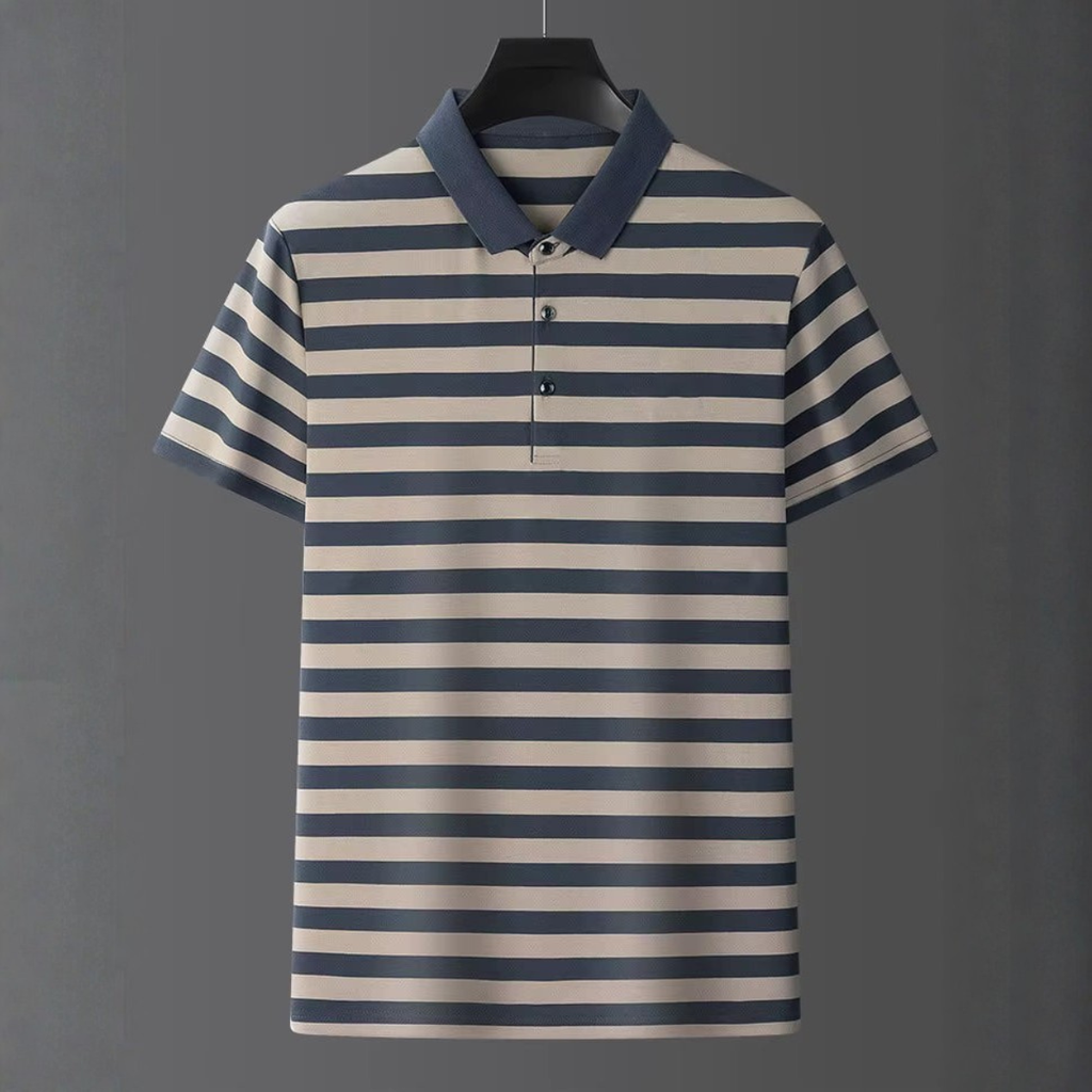 Men's Premium Navy Blue and Beige Striped Cotton Polo T‑Shirt  | S‑10