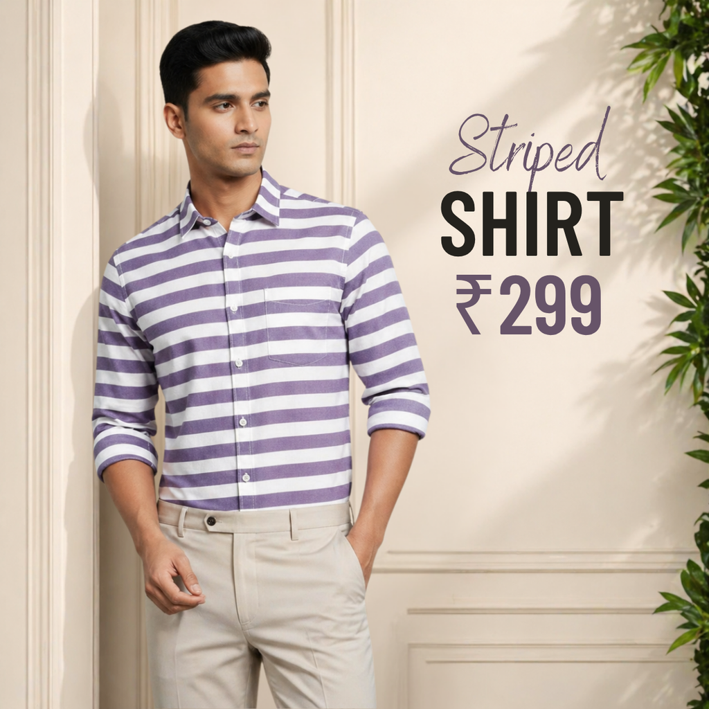 Men's Premium Lavender Cotton Horizontal Striped Shirt (MSS-9)