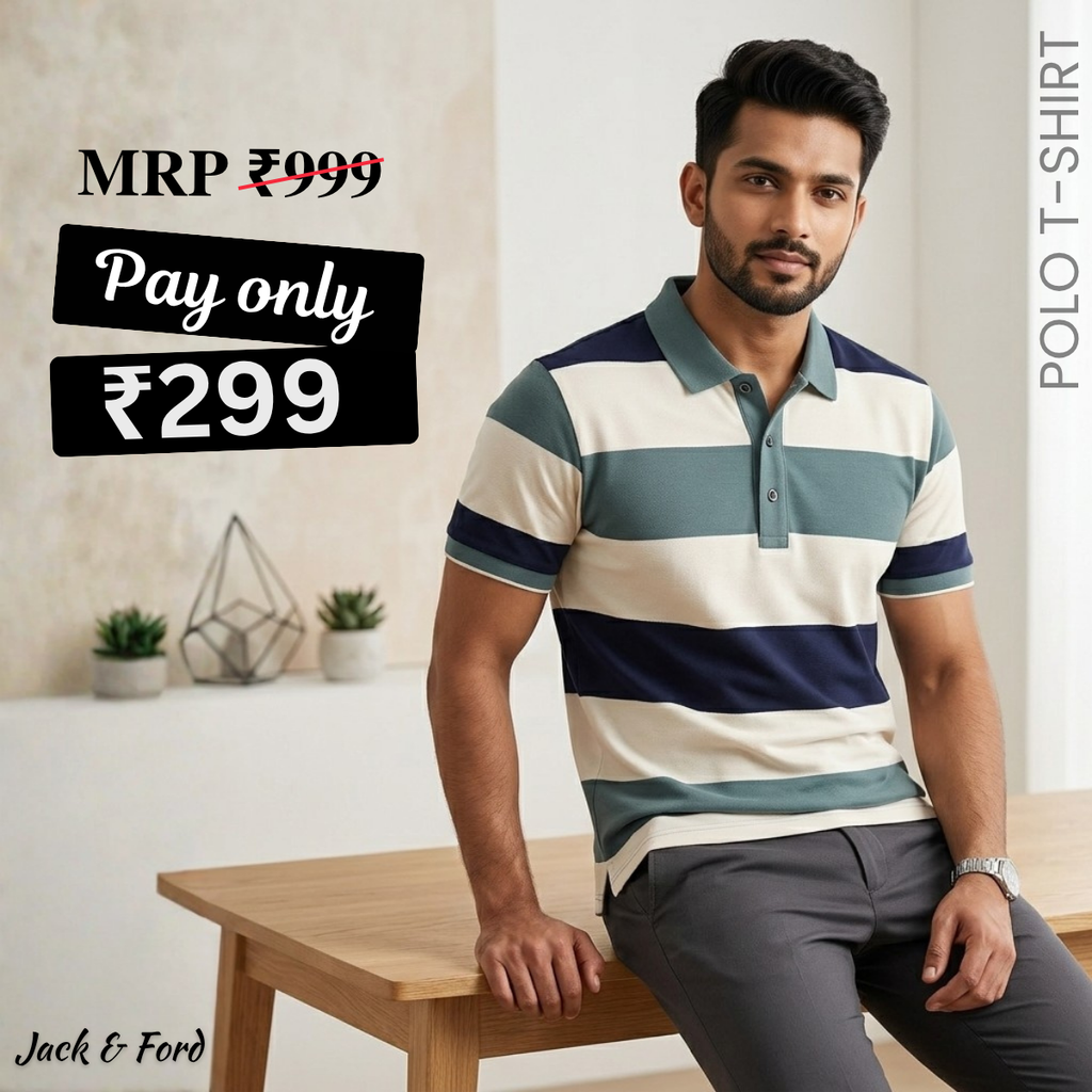 Men's Premium Blue and White Striped Cotton Polo T‑Shirt| S‑05
