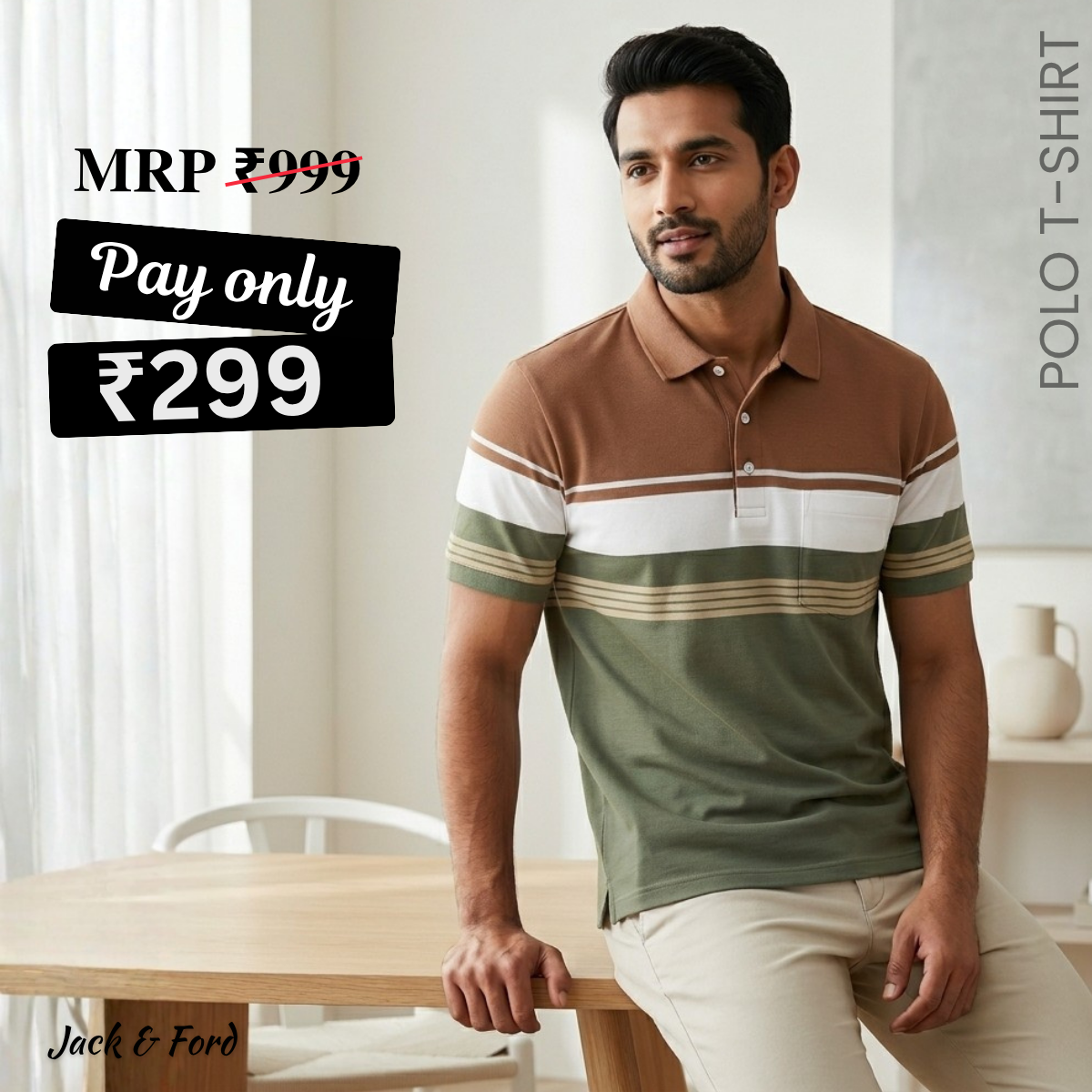 Men's Premium Brown and Olive Green Striped Cotton Polo T‑Shirt | S‑06
