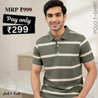 Men's Premium Olive Green and White Striped Cotton Polo T‑Shirt | S‑07