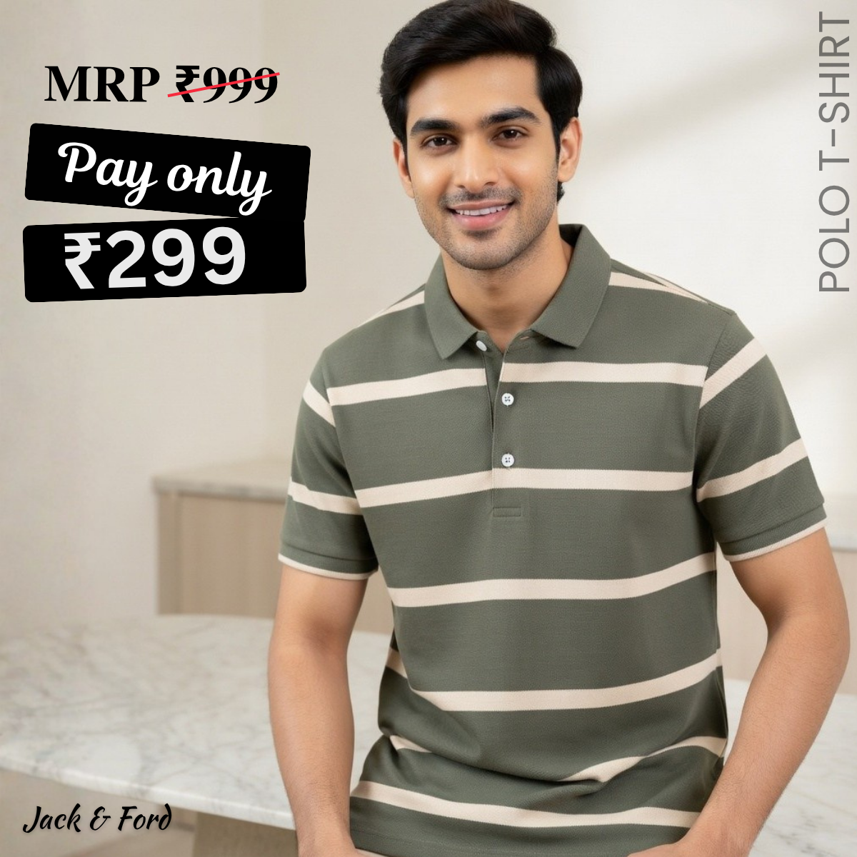 Men's Premium Olive Green and White Striped Cotton Polo T‑Shirt | S‑07
