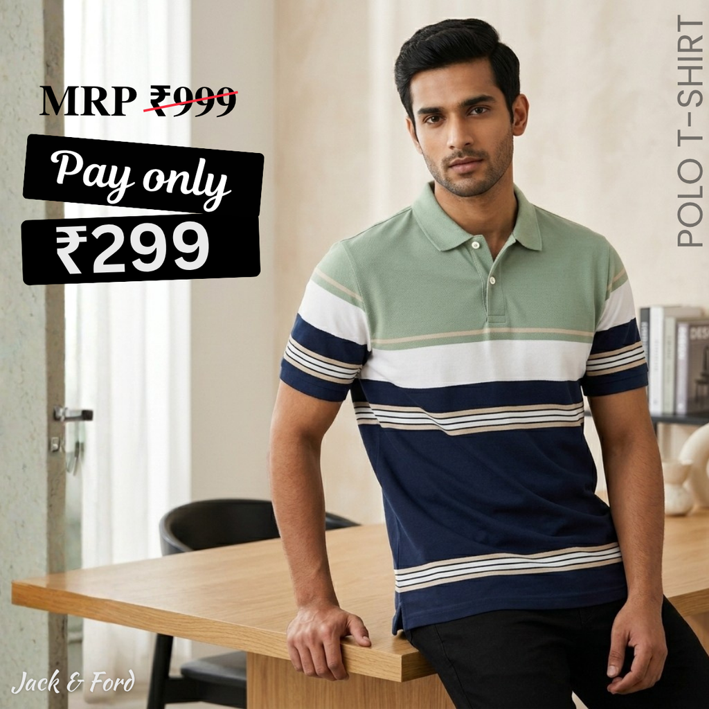 Men's Premium Sage Green and Navy Blue Striped Cotton Polo T‑Shirt | S‑08