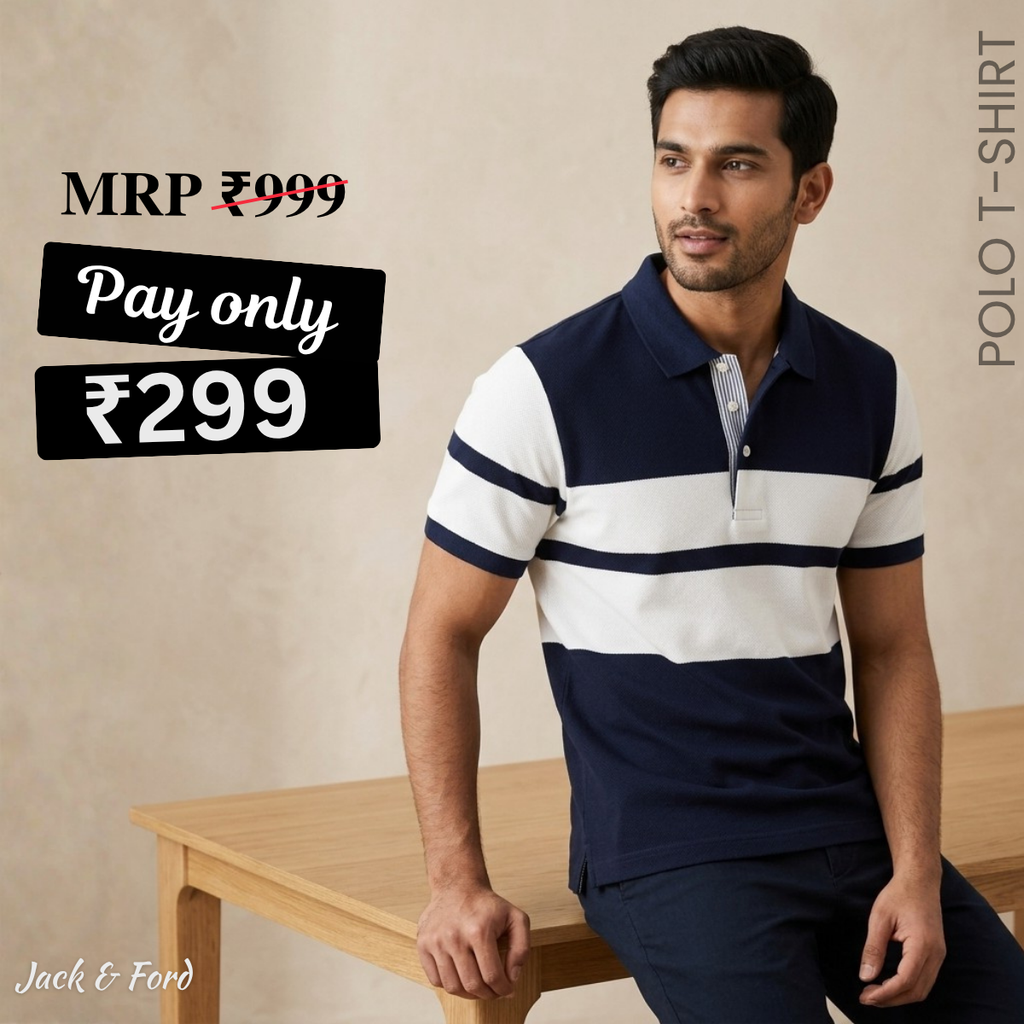 Men's Premium Navy Blue and White Striped Cotton Polo T‑Shirt  | S‑09
