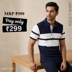 Men's Premium Navy Blue and White Striped Cotton Polo T‑Shirt  | S‑09